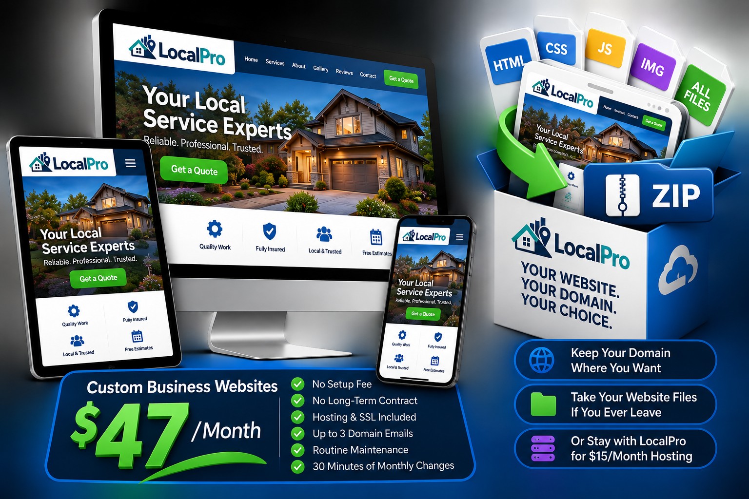 Illustrative LocalPro website mockups and website ownership graphic, showing the $47 monthly offer